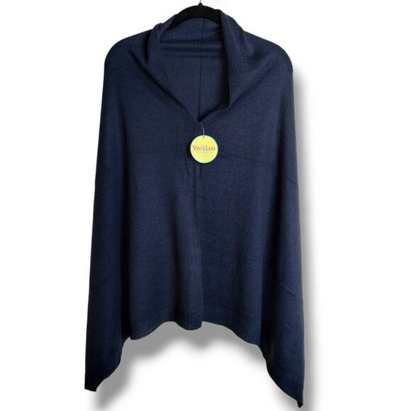 Viv and Lou Poncho Wrap Navy Knit Fringe Pullover Preppy Corpcore Lagenlook 26x3 - Picture 2 of 12